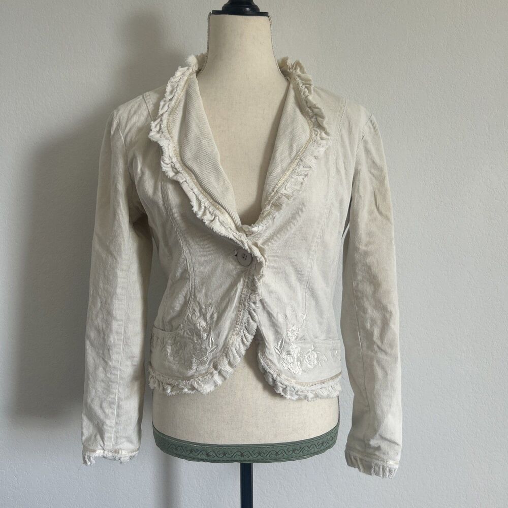 Aziz Blazer White Distressed Corduroy Jacket Floral Embroidery Ruffled Trim Sz L